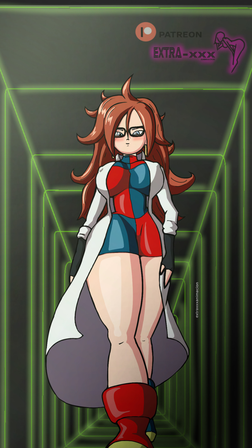 1girl android_21 big_breasts blue_eyes breasts doctor dragon_ball dragon_ball_super extraxxxanimacion female_only glasses humanoid_robot legs long_hair long_legs mature_female miniskirt nude robot sexually_suggestive skirt solo_focus