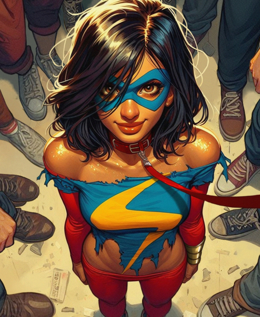 1girl ai_edit ai_generated brown_eyes brown_hair brown_skin collar collar_and_leash dark-skinned_female exposed_shoulders eyemask kamala_khan leash looking_at_viewer marvel marvel_comics ms._marvel multiple_boys muslim_female older older_female pakistani_female slave slave_collar sneakers submissive submissive_female superheroine surrounded torn_clothes torn_clothing young_adult young_adult_female young_adult_woman