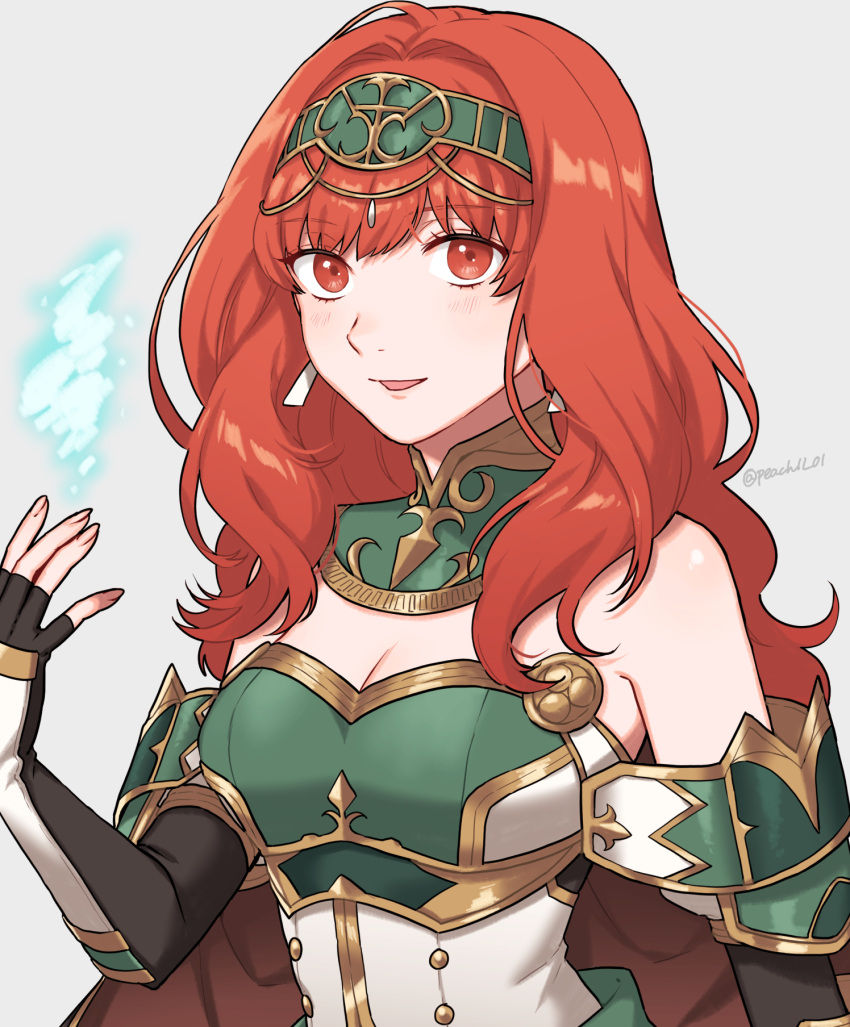 1girl alluring armor armored_dress bare_shoulders black_gloves blush celica celica_(fire_emblem) detached_collar dress elbow_gloves fingerless_gloves fingernails fire_emblem fire_emblem_echoes:_shadows_of_valentia fire_emblem_heroes gloves green_dress green_hairband grey_background hairband high_res long_hair looking_at_viewer magic nintendo official_alternate_costume orange_eyes orange_hair peach11_01 simple_background smile twitter_username two-tone_dress upper_body wavy_hair white_dress