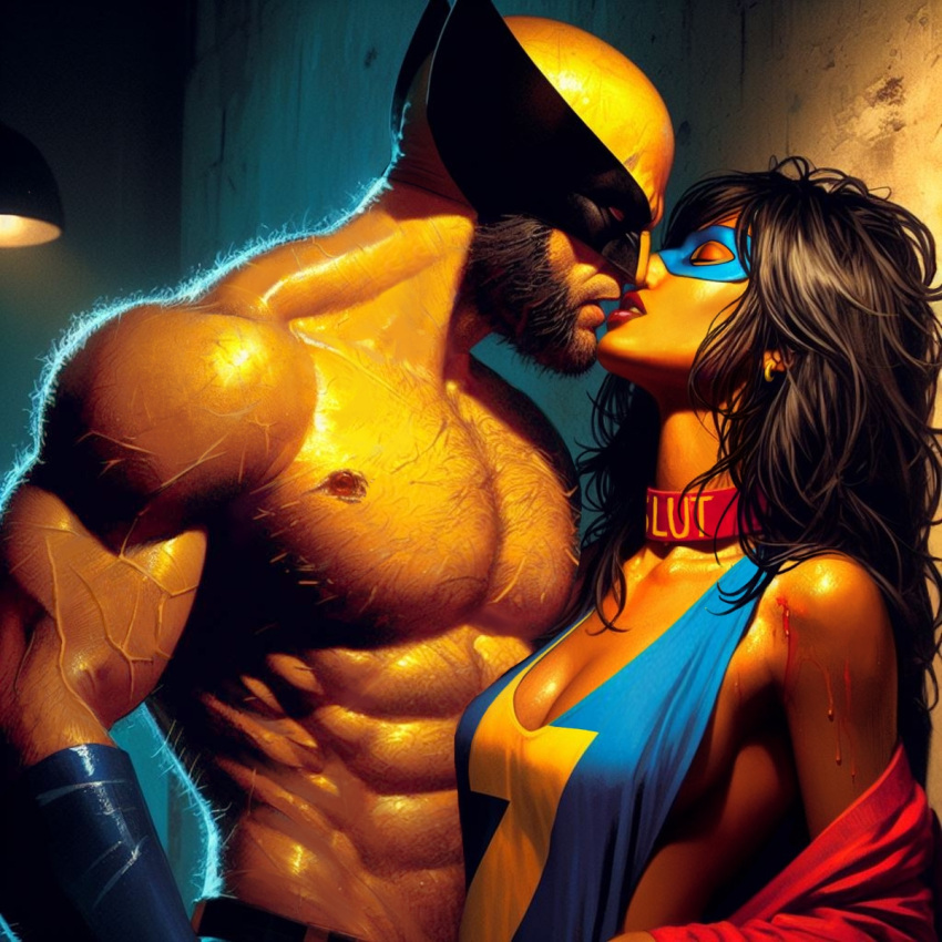 1boy 1girl age_difference ai_edit ai_generated almost_kissing big_breasts blood brown_hair brown_skin bullet_wound canadian choker cleavage closed_eyes dark-skinned_female earrings eyemask gloves interracial jacket kamala_khan logan_(x-men) long_hair marvel marvel_comics masked masked_male ms._marvel muscular_male muslim_female old_and_young old_man older older_female older_male pakistani_female sideboob sideburns size_difference slutty_teen superhero superheroine topless_male wolverine_(x-men) x-men young_adult young_adult_female young_adult_woman