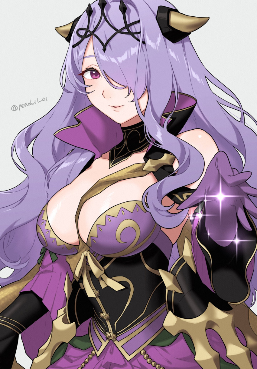 1girl 1girl alluring armor big_breasts breast_strap breasts camilla_(alluring_darkness)_(fire_emblem) camilla_(fire_emblem) cleavage crown dress fake_horns fire_emblem fire_emblem_fates fire_emblem_heroes frilled_dress frills gloves hair_over_one_eye high_res horned_headwear horns long_hair looking_at_viewer nintendo official_alternate_costume peach11_01 purple_dress purple_eyes purple_gloves purple_hair smile tiara very_long_hair wavy_hair