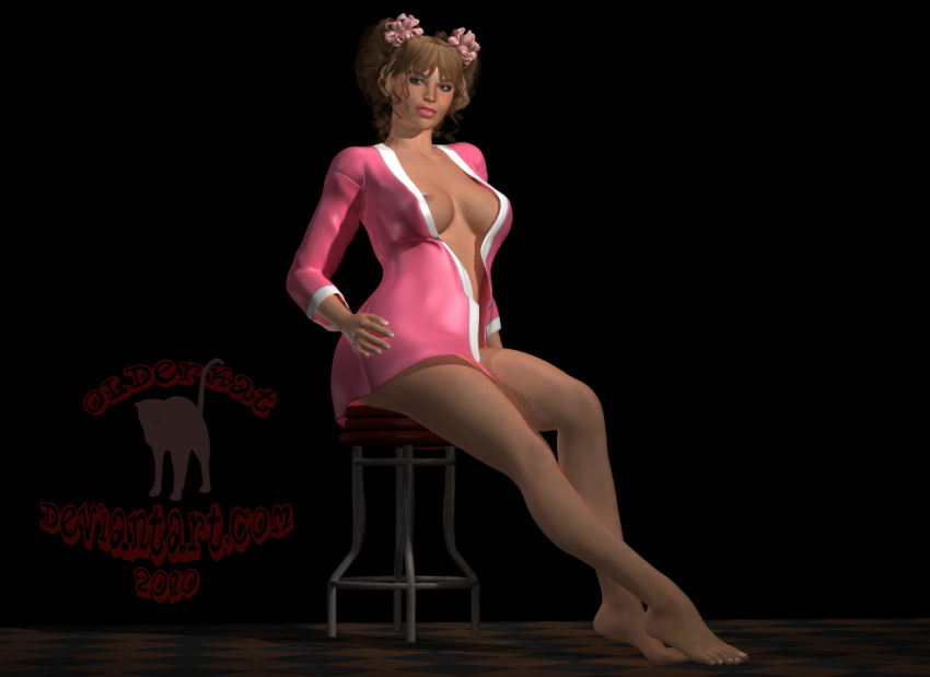 1girl 3d black-kat-3d-studio breasts clothing female_only sitting solo_female stool