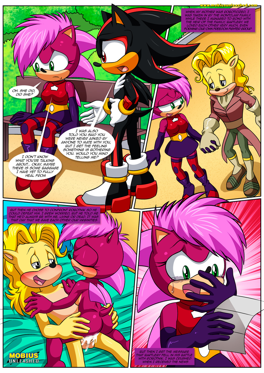 1girl anthro ass bartleby_montclair bbmbbf comic male male/female mobian_(species) mobian_mating_season_(comic) mobius_unleashed multiple_boys palcomix penetration penis sega sega sex shadow_the_hedgehog sonia_the_hedgehog sonic_the_hedgehog_(series) sonic_underground vaginal_penetration vaginal_sex
