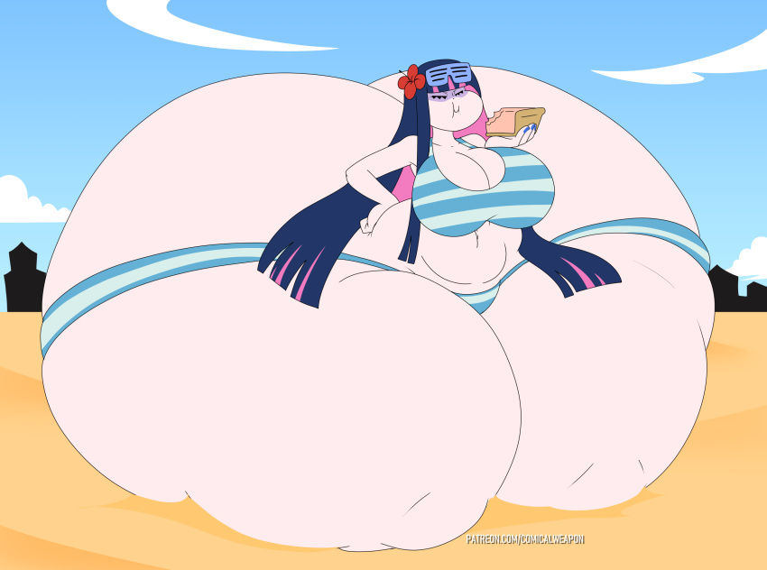 1girl ass_expansion beach big_belly big_breasts bikini cake cake_(food) chubby chubby_female comical_weapon eating goth goth_girl huge_ass panty_&amp;amp;_stocking_with_garterbelt stocking_(psg) thick_thighs weight_gain