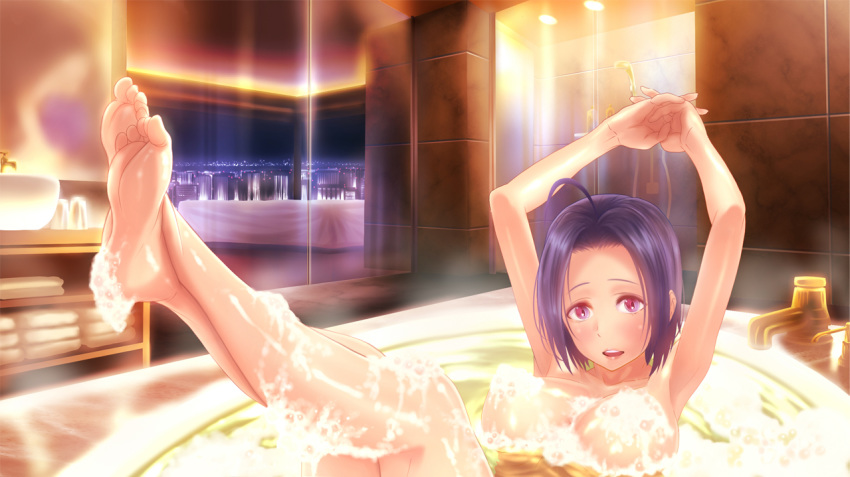 1girl armpits barefoot bath bathtub breasts censored convenient_censoring crossed_legs dara feet female foam idolmaster large_breasts legs legs_crossed legs_together miura_azusa nude outstretched_leg purple_eyes purple_hair short_hair sitting soles solo toe-point toe_scrunch toes water