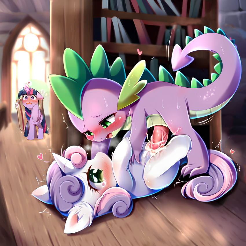 1boy 1girl 1girl ai_generated cub dragon equid equine feral friendship_is_magic green_body green_eyes green_skin hasbro male my_little_pony open_mouth pink_hair purple_body purple_hair purple_skin spike spike_(mlp) sweetie_belle_(mlp) twilight_sparkle_(mlp) unicorn white_body white_fur young