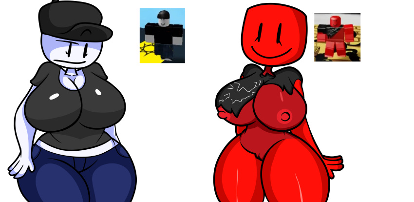 2_girls big_breasts black_shirt blue_panties breasts red_skin redhead reference_image roblox roblox_avatar thicc white_body white_skin