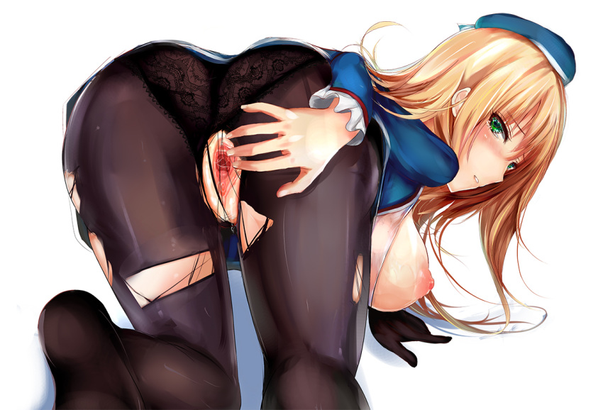 1girl ass atago_(kantai_collection) black_gloves black_legwear blonde_hair blush breasts clitoris crotchless female from_behind gloves green_eyes hat kantai_collection lace-trimmed_panties large_breasts long_hair looking_at_viewer looking_back military military_uniform misako12003 nipples panties panties_aside panties_under_pantyhose pantyhose personification pussy pussy_juice single_glove solo spread_pussy torn_clothes torn_pantyhose uncensored underwear uniform