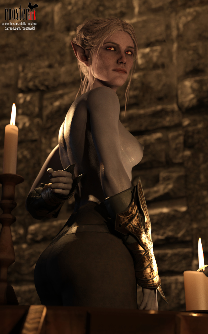10:16 1girl 3d 3d_(artwork) 4k armor artist_name baldur's_gate_3 baldurs_gate bare_shoulders breasts candle castle closed_mouth elf_ears erect_nipples female_focus female_only freckles hand_behind_back indoors medium_hair minthara nipples open_eyes partially_clothed patreon patreon_username pointy_ears red_eyes roosterart shoulders solo_female solo_focus subscribestar subscribestar_username topless topless_female video_game video_game_character video_game_franchise