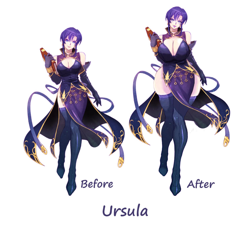 1girl alternate_breast_size before_and_after big_breasts blue_eyes book bursting_breasts cleavage edit fire_emblem fire_emblem:_the_blazing_blade gloves huge_breasts narrowed_eyes nintendo official_artwork_edit plump purple_dress purple_hair purple_lipstick smirk stockings sutton184_edits thick_thighs third-party_edit ursula_(fire_emblem) wide_hips