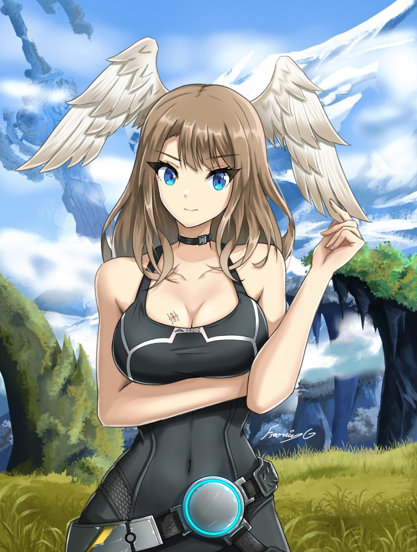 1girl alluring arm_under_breasts athletic_female belt big_breasts blue_eyes bodysuit breasts brown_hair choker cleavage eunie_(xenoblade) female_only fgsketch high_entia looking_at_viewer navel_visible_through_clothes nintendo posing solo_female tight_clothing xenoblade_(series) xenoblade_chronicles_3