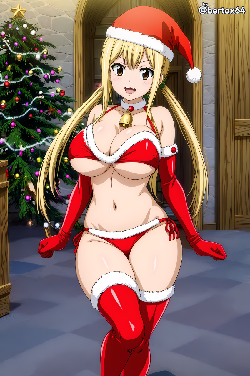 1girl big_breasts bikini blonde_hair breasts christmas christmas_ornaments fairy_tail long_hair lucy_heartfilia mature_female open_mouth panties pervert pervert_female red_bikini red_panties sexually_suggestive