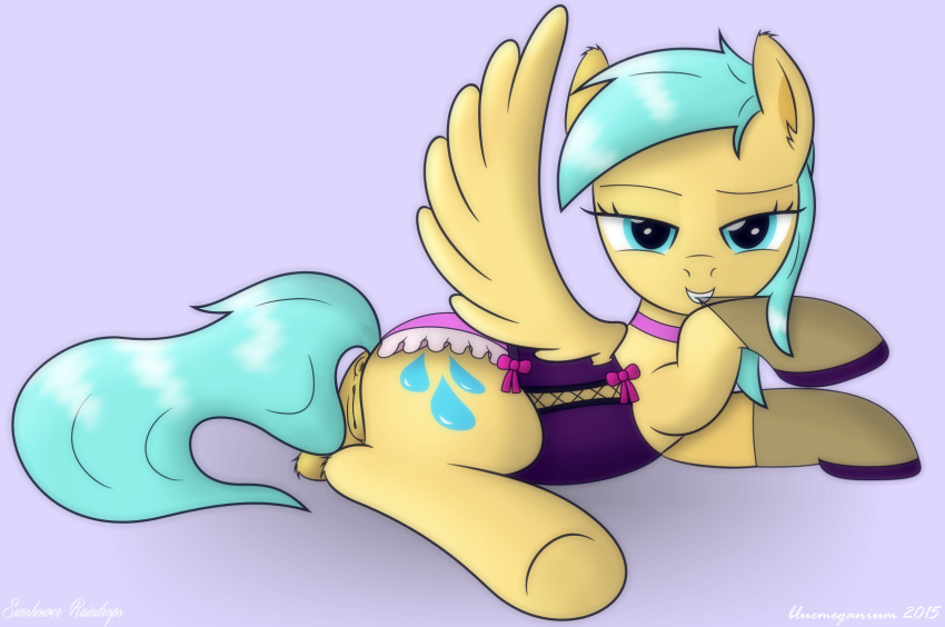 1girl anus ass corset cutie_mark female female_only female_pegasus friendship_is_magic gloves looking_at_viewer lying mostly_nude my_little_pony pegasus pussy solo sunshower_(mlp) tail wings
