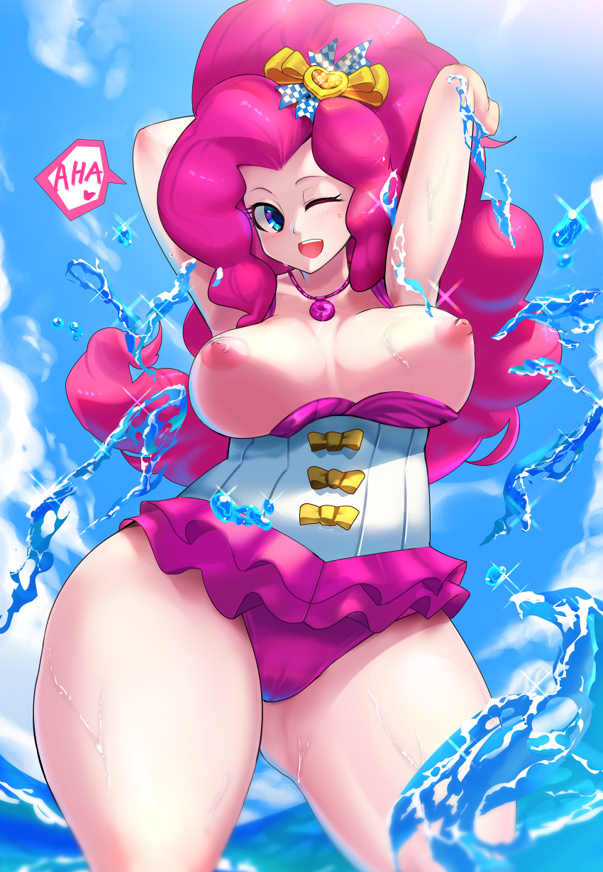 1girl big_breasts blue_eyes breasts exposed_breasts female female_only friendship_is_magic humanized long_hair looking_at_viewer mostly_nude my_little_pony one-piece_swimsuit one_eye_closed outdoor outside pink_hair pinkie_pie pinkie_pie_(mlp) solo standing swimsuit