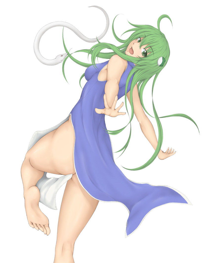 1girl ahoge alternate_costume ass barefoot bottomless breasts censored china_dress chinese_clothes convenient_censoring cookin dress feet female frog_hair_ornament from_behind green_eyes green_hair hair_ornament highres kochiya_sanae looking_at_viewer mishaguji no_panties open_mouth outstretched_arms sideboob snake soles solo spread_arms standing_on_one_leg toes touhou