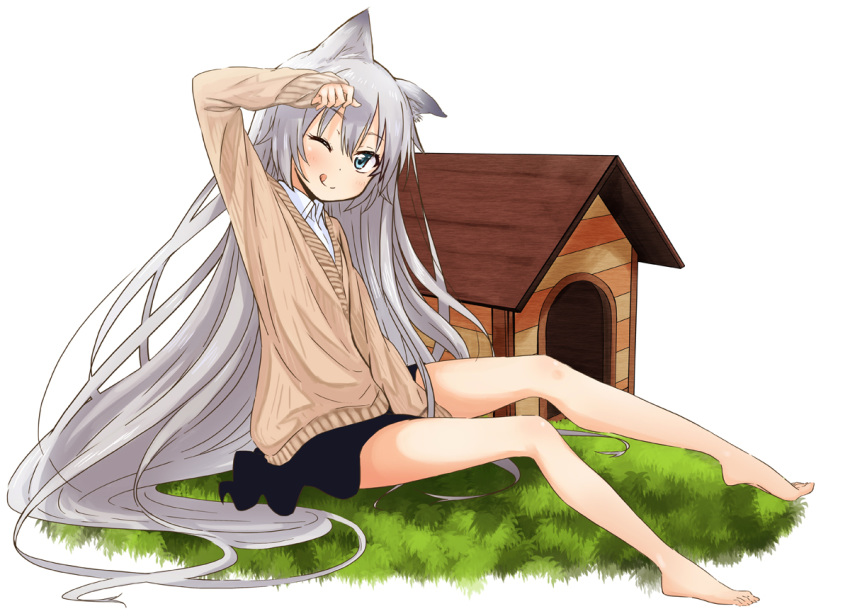 1girl :q abe_kanari animal_ears bare_legs barefoot dog_ears doghouse female grass green_eyes long_hair one_eye_closed original school_uniform silver_hair sitting skirt sleeves_past_wrists solo sweater tongue tongue_out very_long_hair wink