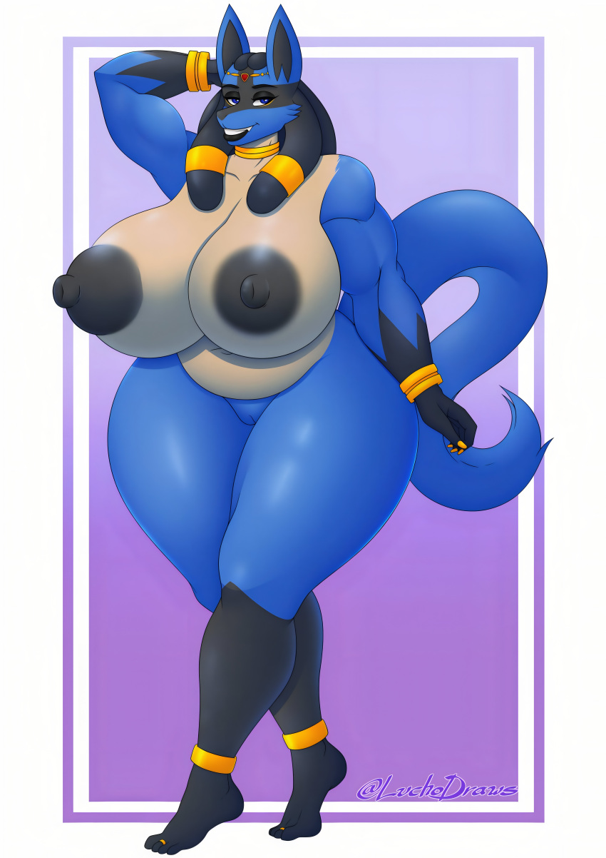 big_ass big_breasts black_hair blue_skin female_only jewelry long_ears long_hair lucario luchodraws posing seductive tail