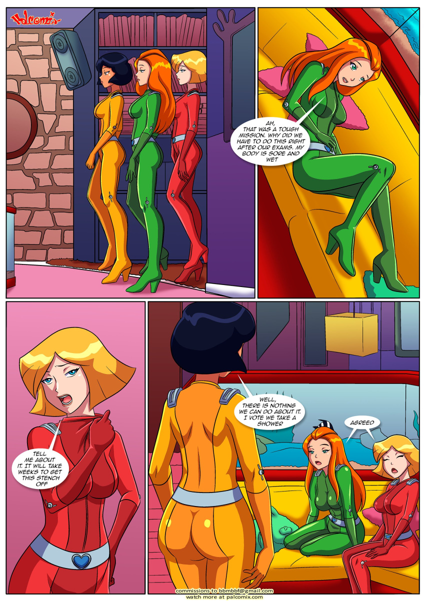 1girl 3_bodysuits 3_girls 4_panel_comic alex_(totally_spies) alluring bbmbbf bodysuit book bookshelf clothing clover_(totally_spies) comic couch female_focus female_only fish_tank hair high_heels human indoors jpeg lipstick older older_female ot3 palcomix sam_(totally_spies) shiny_clothes tight_clothing totally_spies totally_together_(comic) warm young_adult young_adult_female young_adult_woman