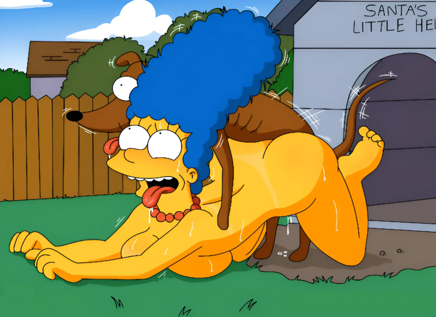 beastiality blue_hair marge_simpson milf nude_female pearls santa's_little_helper the_simpsons tongue_out yellow_skin