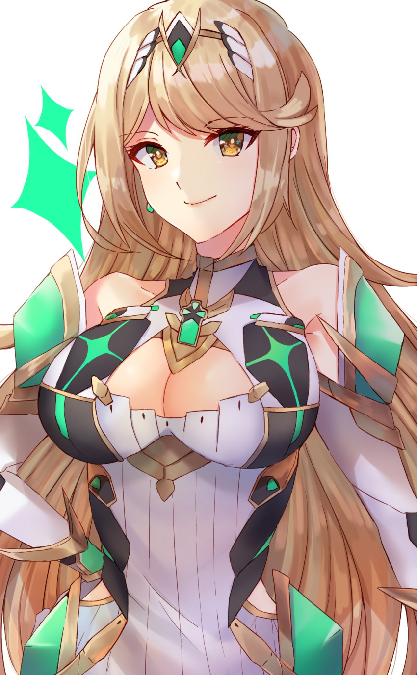 1girl alluring bare_shoulders blonde_hair brown_eyes cleavage cleavage_cutout closed_mouth clothing_cutout collarbone covered_collarbone dress edamameoka elbow_gloves gloves hand_on_own_hip headpiece high_res long_hair looking_at_viewer medium_breasts mythra nintendo simple_background smile sparkle upper_body very_long_hair white_background white_dress white_gloves xenoblade_(series) xenoblade_chronicles_2