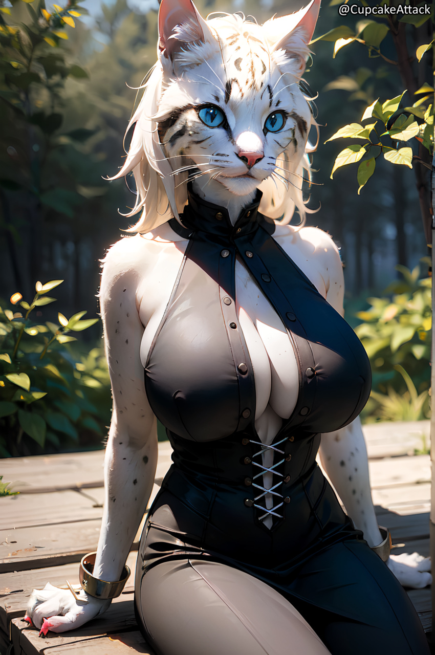 1girl ai_generated blue_eyes cat_face cat_girl cleavage cupcakeattack dress female_only furry huge_breasts khajiit looking_at_viewer sitting skyrim slim_waist the_elder_scrolls white_fur wide_hips