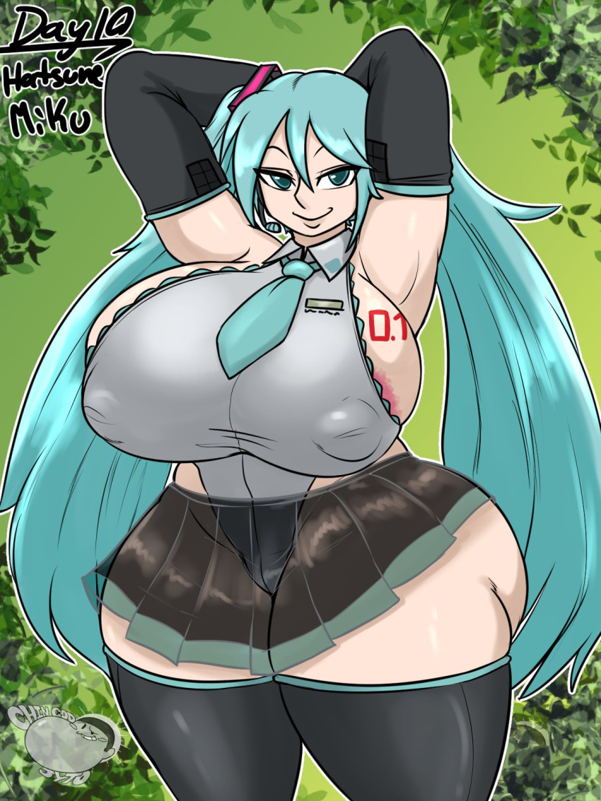 1girl arms_behind_head big_ass big_breasts miku_hatsune nipples_visible_through_clothing skirt smirk smug thigh_high_boots tie vocaloid wide_hips