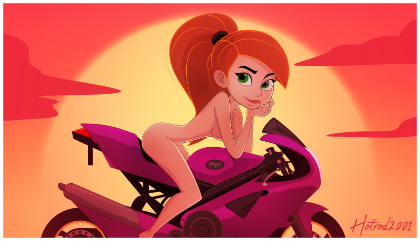 artist_name artist_signature ass breasts hand_on_chin hotrod2001 kim_possible kimberly_ann_possible looking_at_viewer motorcycle nude ponytail sunset