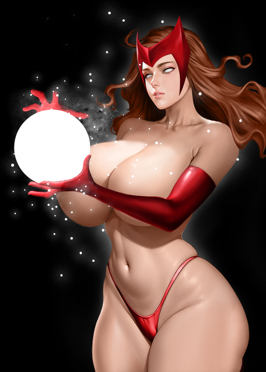almost_naked almost_nude big_breasts bikini_bottom black_background botslim brown_hair energy_ball gloves glowing hentai-foundry huge_breasts long_gloves long_hair marvel marvel_comics orb panties red_bikini red_gloves red_panties scarlet_witch white_eyes