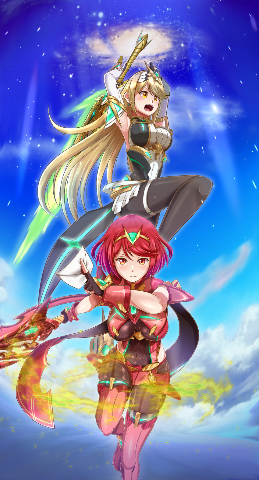 2_girls absurd_res aegis_sword_(xenoblade) alluring backless_outfit bare_shoulders big_breasts black_thighhighs blonde_hair cloud core_crystal_(xenoblade) covered_navel dress drop_earrings earrings fingerless_gloves front-seamed_legwear gloves high_res impossible_clothes jewelry long_hair looking_at_viewer microdress multiple_girls mythra mythra_(massive_melee)_(xenoblade) nintendo open_mouth pantyhose pantyhose_under_shorts pyra red_eyes red_hair red_shorts samu_poteto seamed_legwear short_hair short_shorts shorts skindentation sky smash_invitation stockings swept_bangs thighhighs_over_pantyhose tiara very_long_hair weapon white_dress white_gloves xenoblade_(series) xenoblade_chronicles_2 yellow_eyes