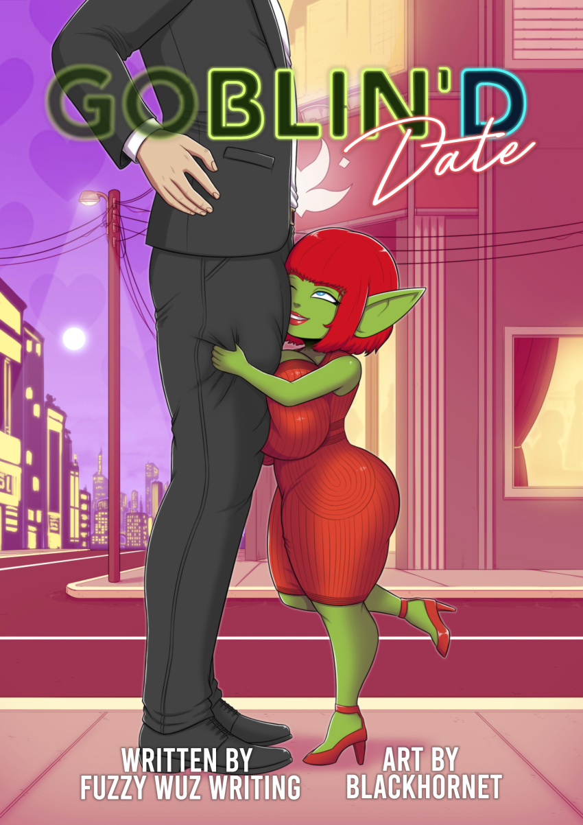 1boy 1girl big_breasts blackhornet blue_eyes breasts clothed clothing comic couple cover_page curvaceous curvy dialogue dress duo english_text female_humanoid female_on_human goblin goblin'd_date goblin_female green_body green_skin head_out_of_frame height_difference hetero huge_breasts human human_on_humanoid humanoid humanoid_pointy_ears interspecies larger_human larger_male male_human male_human/female_humanoid male_on_humanoid mature_female milf original original_character pointy_ears red_hair sexy sexy_body sexy_breasts short_hair shortstack size_difference smaller_female smaller_humanoid speech_bubble straight suit talking talking_to_another talking_to_partner text thicc thick thick_thighs thighs voluptuous
