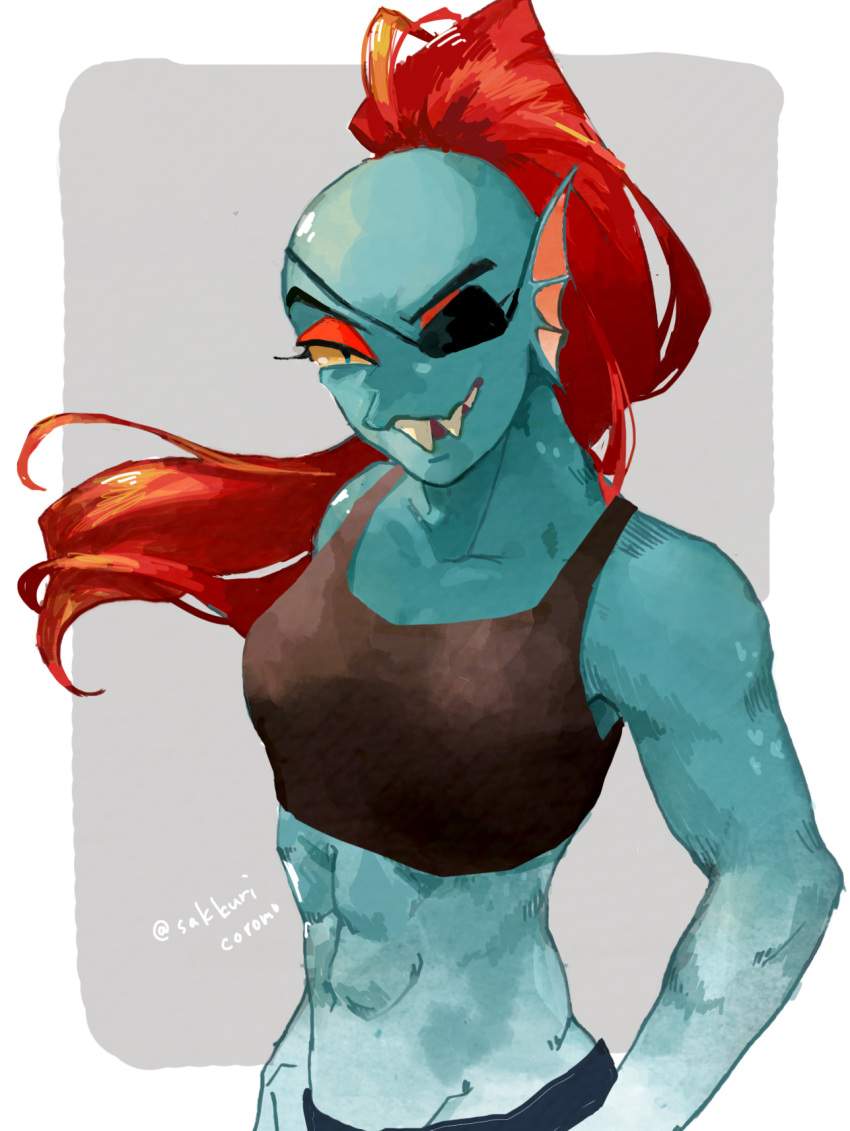 1girl 2d 2d_(artwork) abs anthro anthro_only artist_name black_bottomwear black_topwear blue_body blue_skin bottomwear breasts cleavage clothed clothed_female clothing corogarucoromo digital_media_(artwork) ear_fins eye_patch eyepatch female_anthro female_only fins fish fish_girl hair head_fins looking_at_viewer marine midriff monster monster_girl muscle muscular_anthro muscular_female navel non-mammal_breasts non-mammal_navel pixiv ponytail red_hair red_ponytail sharp_teeth slit_pupils solo_anthro solo_female tank_top topwear undertale undertale_(series) undyne video_game_character video_games white_border yellow_sclera
