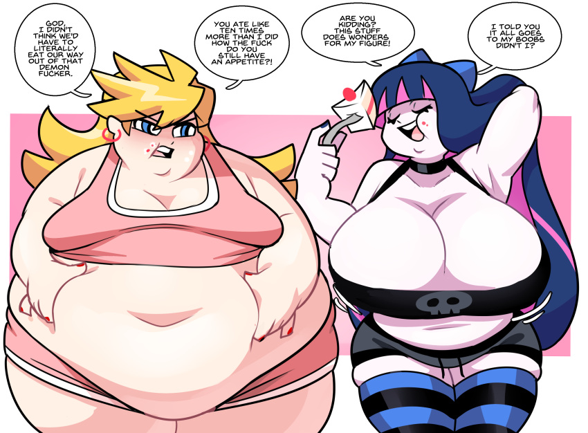2_girls bbw big_belly big_breasts breast_envy bullying cake cake_(food) chubby cleavage eating fork goth goth_girl huge_belly huge_breasts panty_&amp;amp;_stocking_with_garterbelt panty_(psg) panty_anarchy sisters stocking_(psg) striped_legwear superspoe tease thick_thighs wide_hips