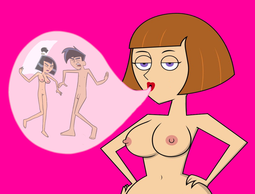 1boy 1girl 2_girls barefoot black_hair blowing breasts brown_hair bubble_gum closed_eyes closed_mouth danny_fenton danny_phantom edit eyebrows eyelashes feet grin inside lipstick looking_at_viewer madeline_fenton male navel nickelodeon nipples nude open_eyes open_mouth penis pink_background pink_nipples purple_eyes pussy samantha_manson tagme