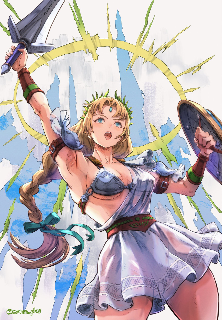 1girl absurd_res alluring arm_up armor armored_dress artist_name big_breasts blonde_hair braid collarbone commentary_request curtained_hair high_res holding holding_shield holding_sword holding_weapon long_hair low-tied_long_hair milf mitsu_plus open_mouth project_soul shield silf single_braid sophitia_alexandra soul_calibur soul_calibur_ii soul_calibur_iii soul_calibur_vi standing sword tiara twitter_username weapon white_background