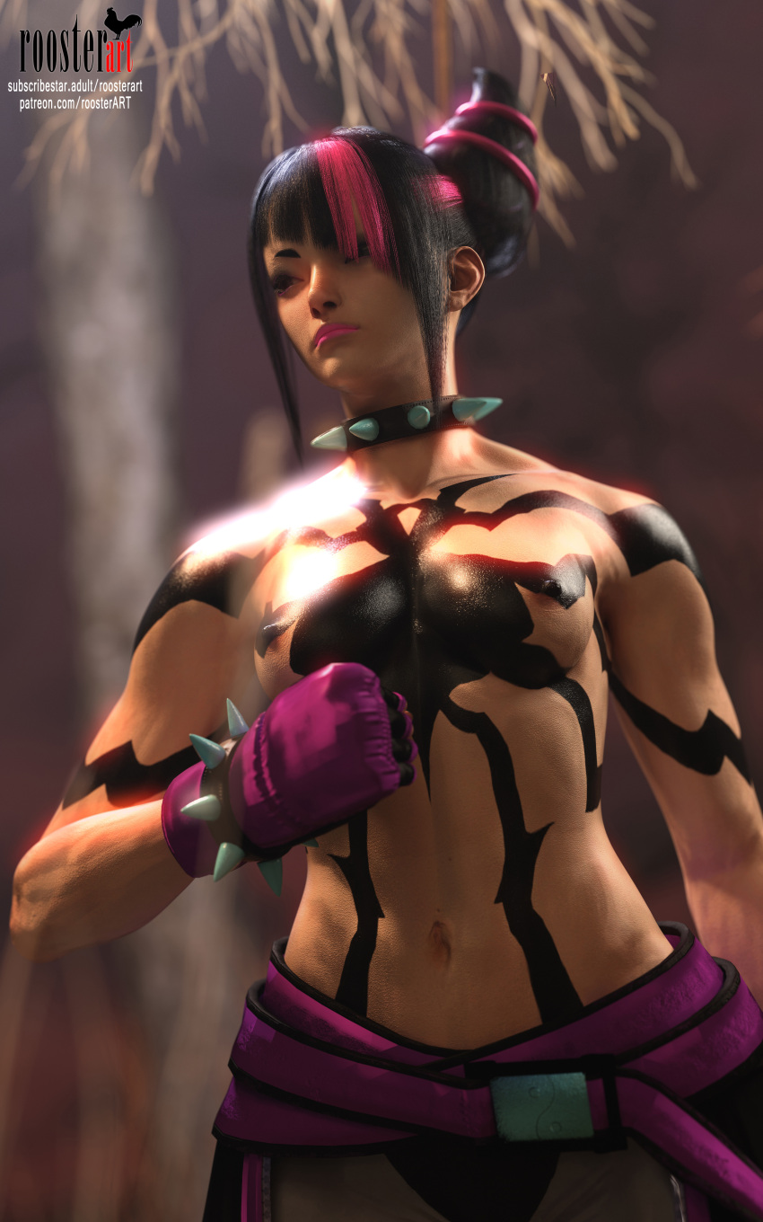 10:16 1girl 3d 3d_(artwork) 4k bare_shoulders belly belly_button breasts closed_mouth collar dark_hair erect_nipples female_focus fighting_gloves fit_female forest gloves juri_han multicolored_hair muscle nipples open_eyes outside patreon patreon_username roosterart shoulders small_breasts solo_female solo_focus spiked_collar standing street_fighter street_fighter_6 subscribestar subscribestar_username tattoo tattoos topless tree