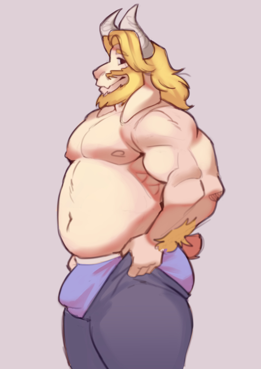 1boy 2020s 2023 2d 2d_(artwork) anthro anthro_only asgore_dreemurr blonde blonde_hair boss_monster bottomwear bulge caprine clothed clothing digital_media_(artwork) don_conej0 furry furry_male furry_only genitals goat goat_ears goat_horns grey_background horns male male_anthro male_nipples male_only meme monster nipples pants pecs penis_bulge simple_background solid_color_background solo solo_anthro solo_male tail tail_tuft tight_pants topless topless_anthro topless_male undertale undertale_(series) underwear video_games