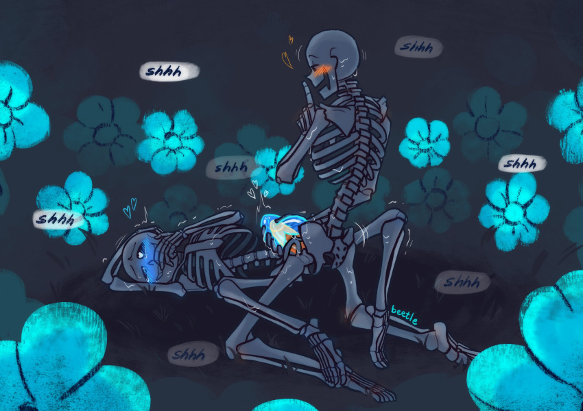 2020 2020s 2boys 2d 2d_(artwork) animated_skeleton beetleevil blue_blush blue_flower blush bottom_sans brother brother/brother brother_and_brother brother_penetrating_brother brothers completely_nude completely_nude_male covering_mouth covering_own_mouth digital_media_(artwork) duo echo_flower ectopenis ectoplasm english_text evilbeetle finger_to_mouth flower fontcest genitals hand_on_mouth heart-shaped_pupils heart_eyes incest kneel male male/male male_penetrating monster nude nude_male orange_blush orange_penis outdoor_sex outdoors papyrus papyrus_(undertale) papysans penetration penis plant public public_sex sans sans_(undertale) seme_papyrus sex shh skeleton text top_papyrus twitter uke_sans undead undertale undertale_(series) video_game_character video_games yaoi