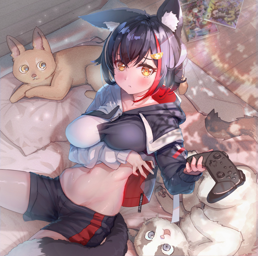 1girl absurd_res animal_ear_fluff animal_ears arm_under_breasts big_breasts black_hair blush breast_hold breasts cat clothes_lift collarbone controller cucumbear073 high_res holding holding_controller hololive hood hoodie hoodie_lift indoors long_hair long_sleeves looking_at_viewer lowleg lowleg_shorts midriff multicolored_hair navel official_alternate_costume ookami_mio ookami_mio_(3rd_costume) orange_eyes playing_games red_hair short_shorts shorts sitting streaked_hair taiga_(ookami_mio) tail taut_clothes tawa_(ookami_mio) virtual_youtuber wolf_ears wolf_tail