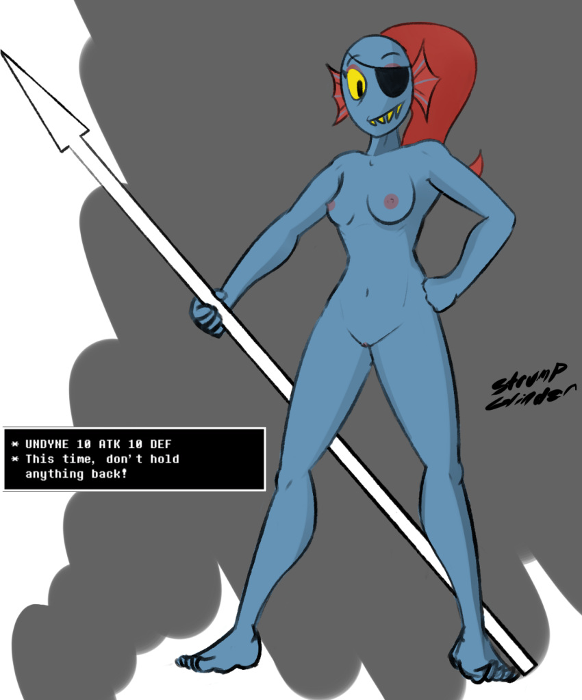 1_girl 1girl 2010s 2015 2d 2d_(artwork) anthro anthro_only artist_name blue_body blue_breasts blue_skin breasts completely_nude completely_nude_female dialog dialogue dialogue_box digital_media_(artwork) ear_fins english_text eye_patch eyepatch feet female female_only fins fish fish_girl full_body grey_background hair hand_on_hip head_fins holding_spear holding_weapon looking_at_viewer monster monster_girl naked naked_female nipples non-mammal_breasts non-mammal_nipples nude nude_female ponytail pussy red_hair simple_background solo solo_anthro solo_female spear strump_glinder_(artist) text text_box two-tone_background undertale undertale_(series) undyne video_game_character video_games visible_pussy weapon white_background yellow_sclera