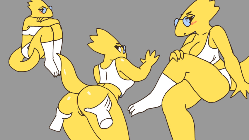 1girl alphys anthro anthro_only anus arachnid ass ass_grab blush bra breasts butt butt_grab butt_jiggle butt_squish chelodoy cleavage clothed clothing disembodied_hand disembodied_hands duo eyewear female female_anthro female_focus gif glasses grabbing_ass grey_background hand_on_butt legwear lizard lizard_girl lizard_tail long_socks monster monster_girl multiple_poses multiple_views non-mammal_breasts panties pose pussy reptile reptile_girl reptile_tail scalie simple_background socks solid_color_background solo_focus tail undertale undertale_(series) underwear video_games white_bra white_legwear white_panties white_underwear yellow_body yellow_skin