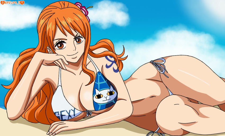 1girl alluring bare_legs beach big_breasts bikini darkuro_27 nami nami_(one_piece) on_beach on_sand one_piece orange_hair