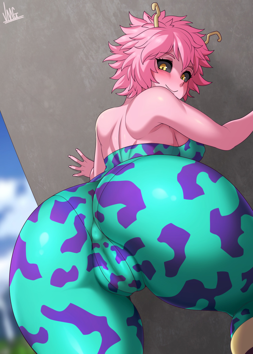 1girl absurdres artist_name ashido_mina ass ass_focus backless_outfit bare_shoulders big_ass big_breasts black_sclera boku_no_hero_academia breasts cameltoe clothed_female colored_sclera colored_skin curly_hair female_focus high_res highres horns jmg leotard looking_at_viewer mina_ashido my_hero_academia pantylines patreon patreon_paid patreon_reward pink_hair pink_skin short_hair signature smile solo solo_female superheroine teen thighs yellow_eyes