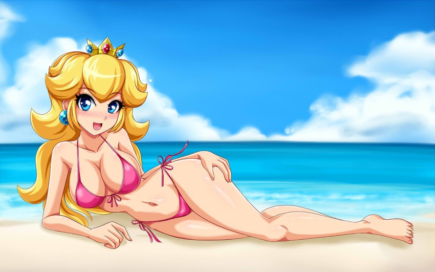 1girl absurd_res absurdres arm arm_support arms art babe bare_legs bare_shoulders barefoot beach big_breasts bikini blonde blonde_hair blue_eyes blush breasts cloud collarbone crown earrings female female_only front-tie_bikini front-tie_top hand_on_leg happy high_res highres jewelry legs long_hair looking_at_viewer lying mario_(series) midriff navel neck nintendo ocean on_side open_mouth outside pink_bikini pink_swimsuit princess_peach sand sea shiny shiny_hair shiny_skin side-tie_bikini sigurd_hosenfeld sigurdhosenfeld sky smile solo super_mario_bros. swimsuit water