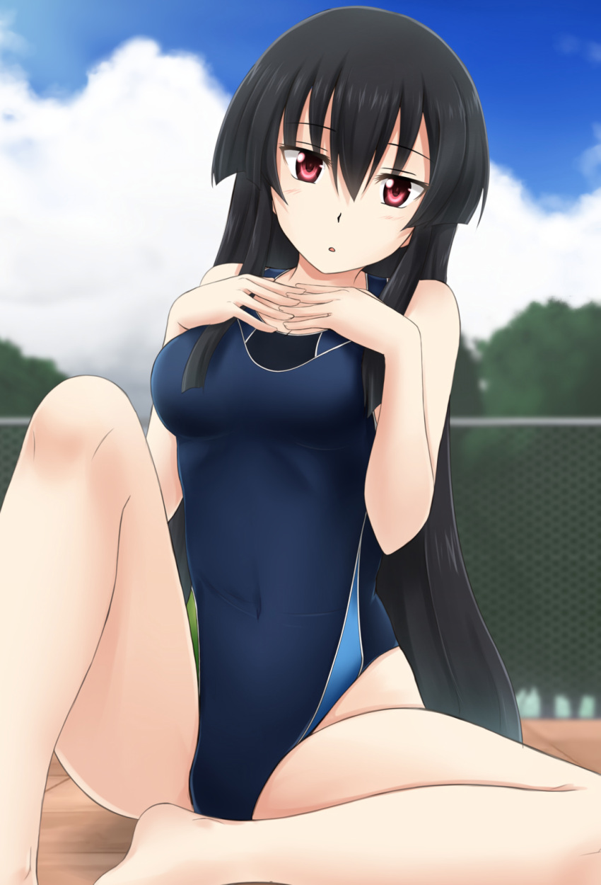 10s 1girl 1girl akame_(akame_ga_kill!) akame_ga_kill! alluring alternate_costume bare_legs bikini black_hair blurry blush breasts chain-link_fence cloud competition_swimsuit covered_navel day depth_of_field fence fuuma_nagi hair_between_eyes hands_on_own_chest long_hair looking_at_viewer medium_breasts one-piece_swimsuit red_eyes sitting sky swimsuit very_long_hair