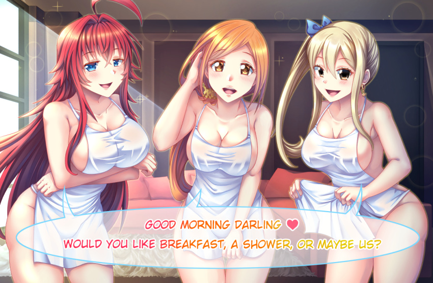 3_girls ahoge alluring apron big_breasts bleach blonde_hair blue_eyes breasts cleavage crossover english_text fairy_tail female_focus heart high_school_dxd inoue_orihime long_hair lucy_heartfilia multiple_girls naked_apron open_mouth orange_hair red_hair rias_gremory side_ponytail sideboob smile speech_bubble spoken_heart standing take_your_pick