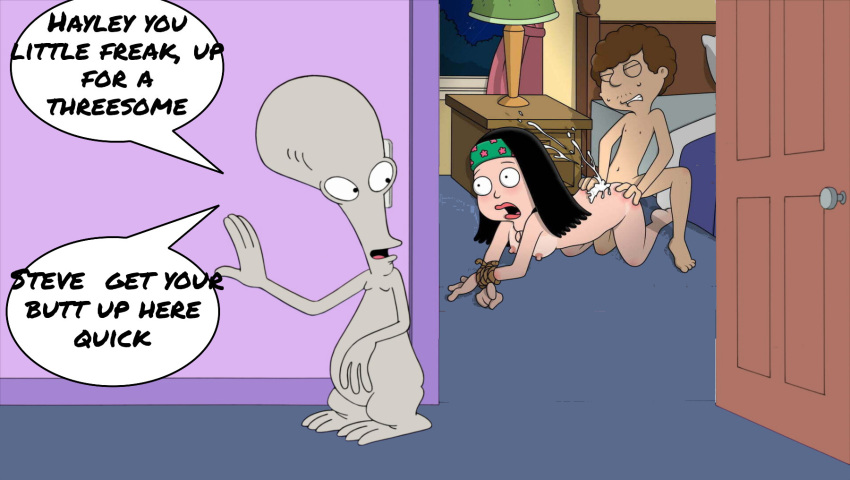 after_sex american_dad breasts creampie cum_on_ass dialogue hanging_breasts hayley_smith questionable_consent roger_(american_dad) rope_bondage schmuely_snot_lonstein surprised surprised_expression