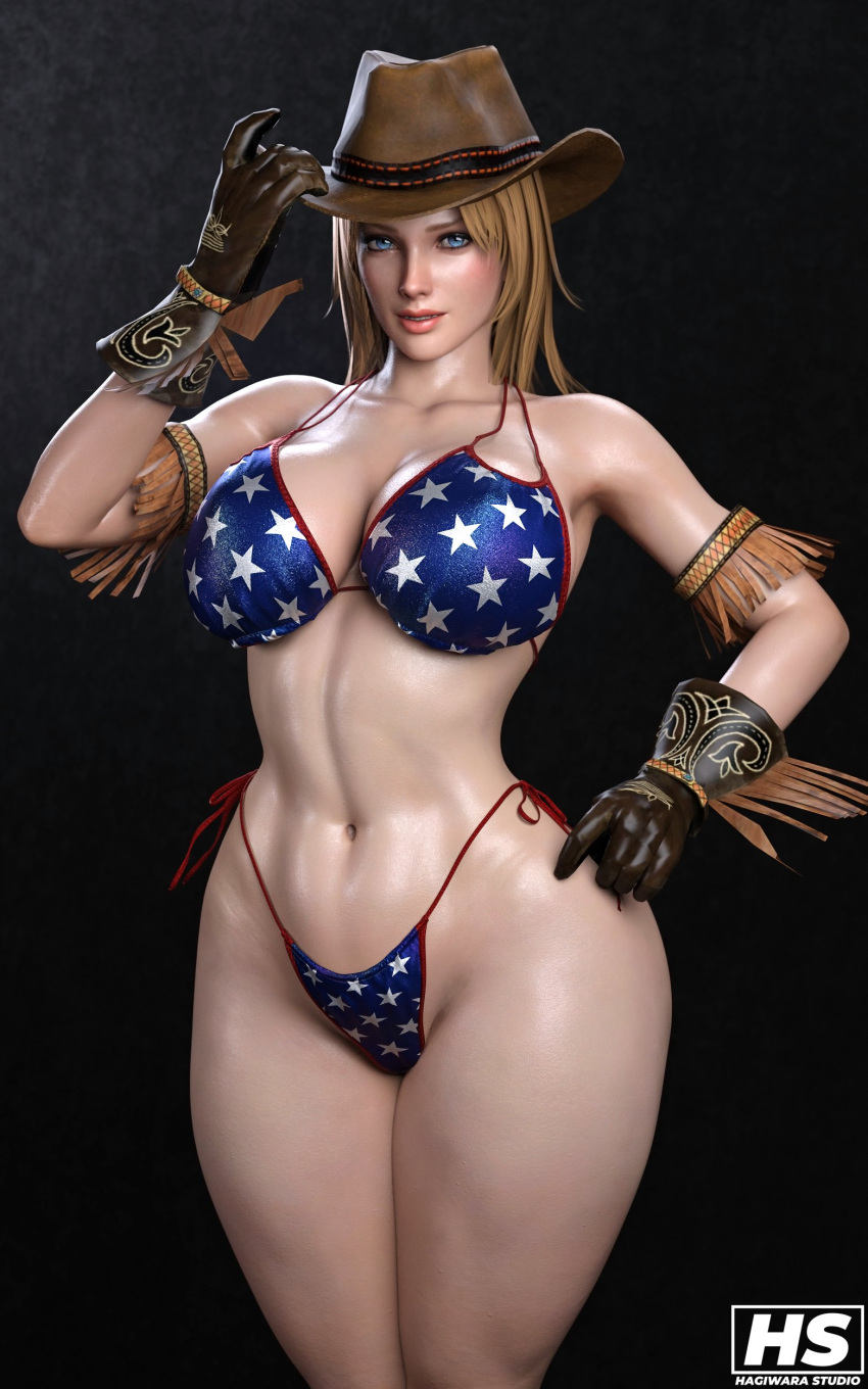 1girl 3d 3d_(artwork) alluring athletic_female big_breasts bikini blonde_hair blue_eyes dead_or_alive dead_or_alive_2 dead_or_alive_3 dead_or_alive_4 dead_or_alive_5 dead_or_alive_6 dead_or_alive_xtreme dead_or_alive_xtreme_2 dead_or_alive_xtreme_3_fortune dead_or_alive_xtreme_beach_volleyball dead_or_alive_xtreme_venus_vacation female_abs female_only fit_female gloves hagiwara_studio hand_on_hat hat long_hair looking_at_viewer midriff side-tie_bikini simple_background smile solo_female standing string_bikini swimsuit tecmo thighs tina_armstrong