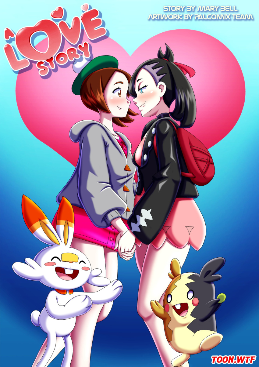 a_love_story_(comic) bbmbbf comic cover_page game_freak gloria_(pokemon) marnie_(pokemon) morpeko nintendo palcomix pokemon pokepornlive scorbunny toon.wtf yuri_haven