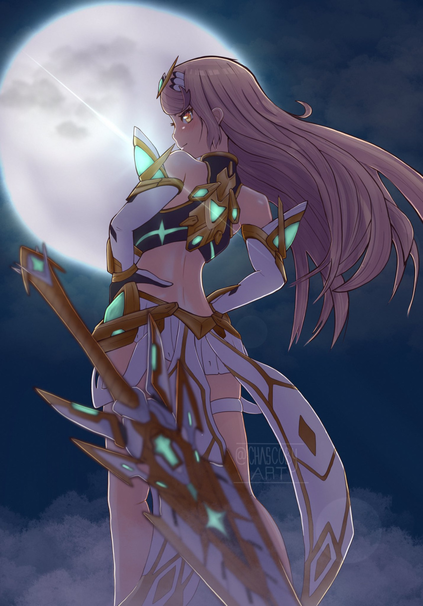 1girl aegis_sword_(xenoblade) alluring bare_legs bare_shoulders big_breasts blonde_hair chascoby chest_jewel dress earrings elbow_gloves gem gloves headpiece high_res jewelry long_hair mythra_(xenoblade) short_dress swept_bangs thigh_strap tiara very_long_hair white_dress white_gloves xenoblade_(series) xenoblade_chronicles_2 yellow_eyes