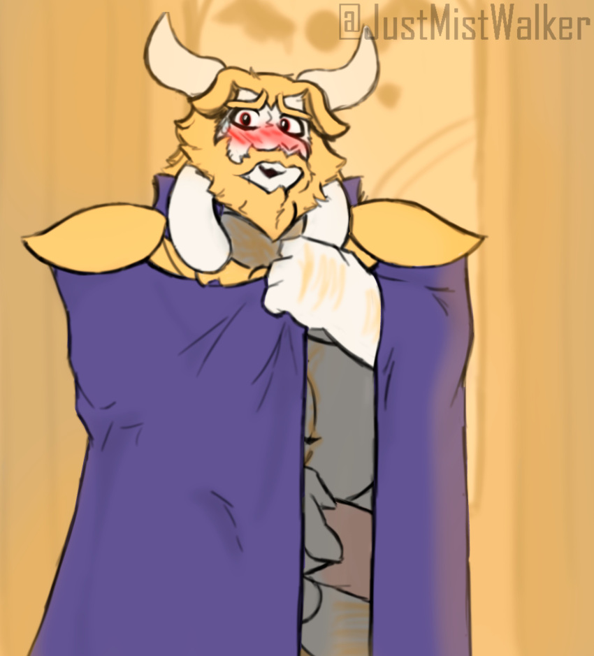 1boy 2d 2d_(artwork) 4_fingers absurd_res anthro anthro_only asgore_dreemurr balls blonde_hair boss_monster bottomless bovid cape cape_only caprine clothed clothing digital_media_(artwork) embarrassed erection erection_under_clothing fingers floppy_ears flustered fur furry furry_male furry_only genitals goat goat_ears goat_horns hair hiding hiding_erection high_res horn horns male male_anthro male_only mammal monster monster_boy mostly_nude partially_clothed slightly_chubby solo_anthro solo_male the_mist_walker undertale undertale_(series) video_game_character video_games white_body white_fur